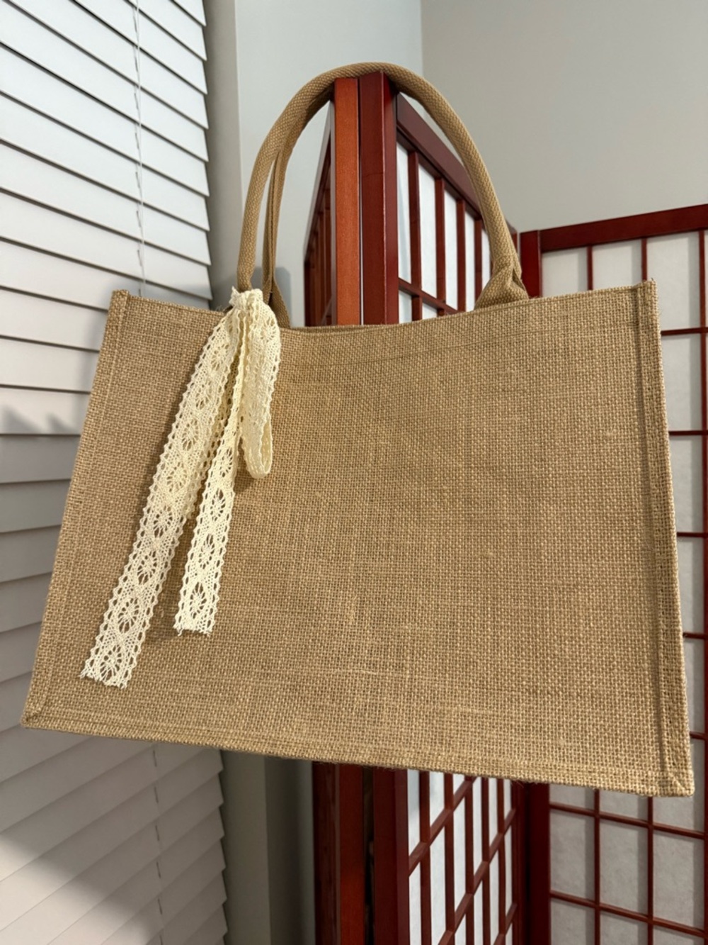 Natural Jute Tote Bag with Lace Bow